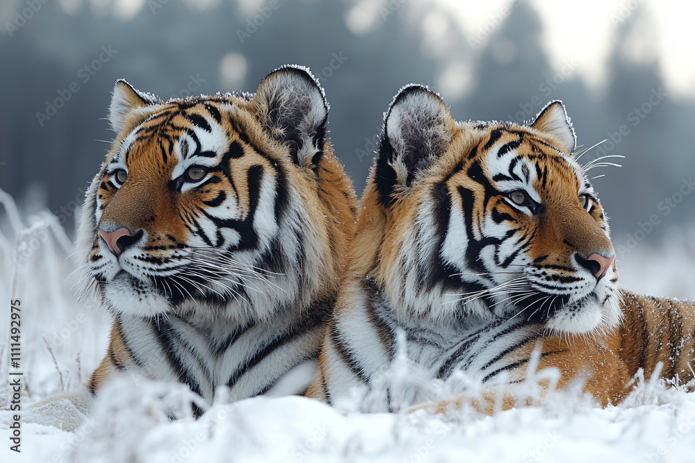 Naklejka premium Two Siberian Tigers Resting In Winter Snow
