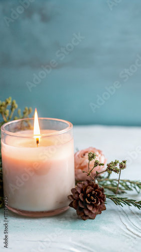 Burning Candle in Glass Jar with Pinecone and Flowers with Copy Space