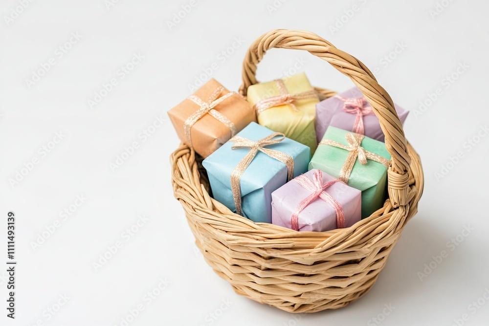 Handwoven basket containing small gift boxes placed on a clean white background Handwoven basket containing small gift boxes placed on a clean white background