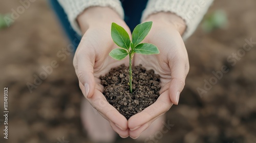 A person holds a young plant with soil in their hands, symbolizing growth and nurturing in a natural environment.