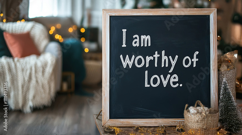 A cozy interior features a sign that reads 