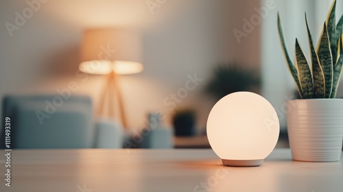 A modern lamp illuminates a stylish interior, with a potted plant in the background, creating a cozy and inviting atmosphere.