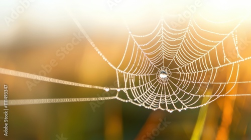 Delicate spider web glistening with dew in soft morning light, set against a blurred natural background.