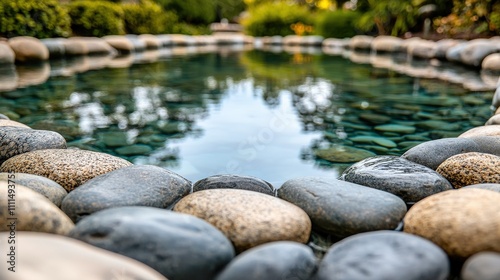 A serene pond surrounded by smooth stones, reflecting greenery and providing a tranquil atmosphere perfect for relaxation.