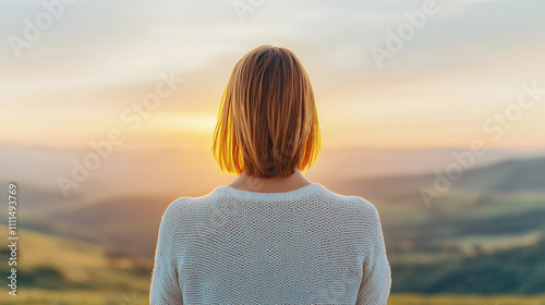 A woman with curly hair stands facing a sunset over rolling hills, creating a serene and contemplative atmosphere.