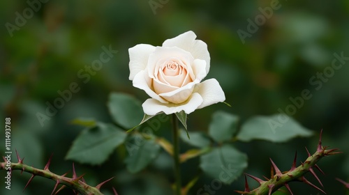 A delicate white rose blooming amidst green foliage and thorns, showcasing elegance and natural beauty.