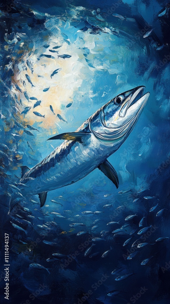 Fototapeta premium Majestic Fish Swimming Through Deep Blue Ocean Waters Under Sunlight, Surrounded by Smaller Fish in a Vibrant Marine Landscape