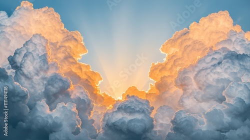 Golden light pierces through fluffy clouds, creating a serene and uplifting sky, perfect for conveying tranquility and beauty.