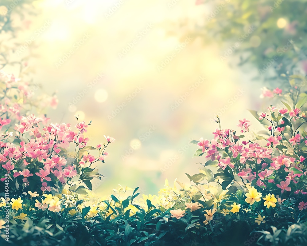 A vibrant spring landscape featuring a pastel flower bed on lush greenery, softly lit to create a gentle gradient and reserved text space A vibrant spring landscape featuring a pastel flower bed on lush greenery, softly lit to create a gentle gradient and reserved text space