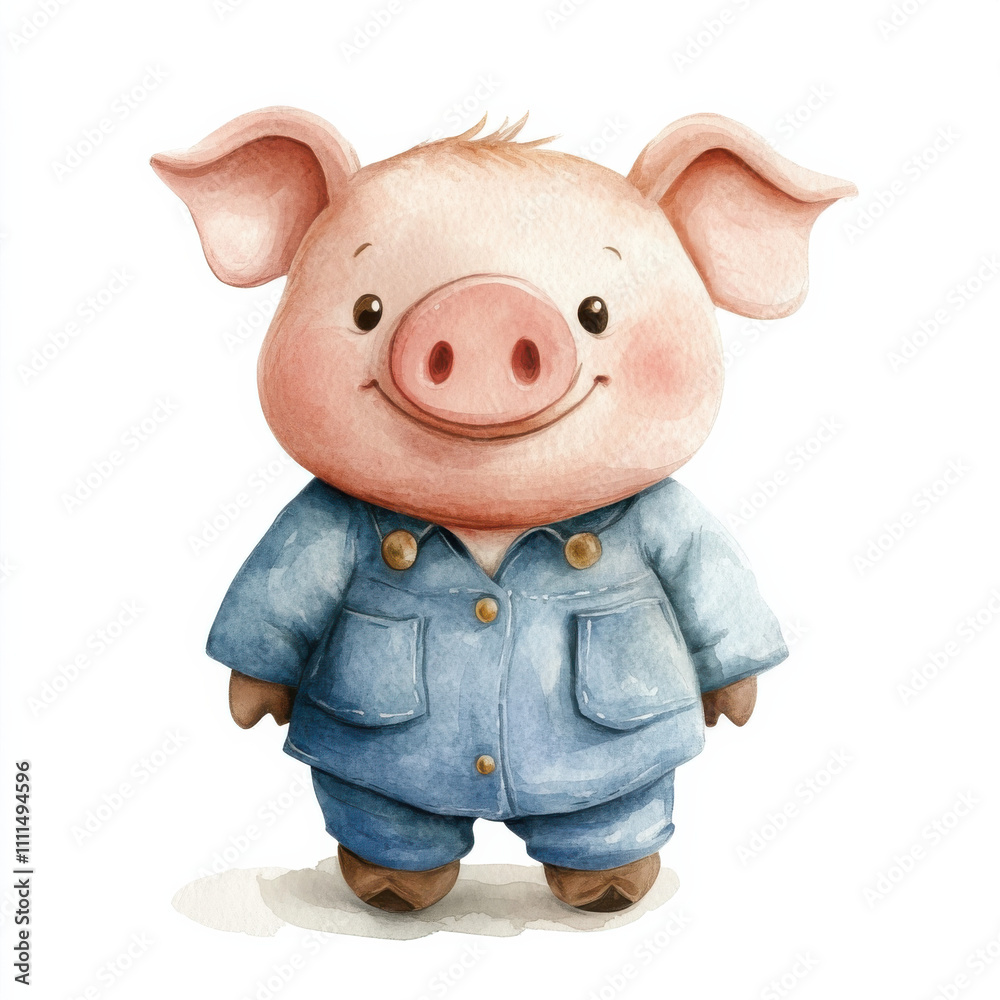 Watercolor illustration of cute pig doll in blue outfit