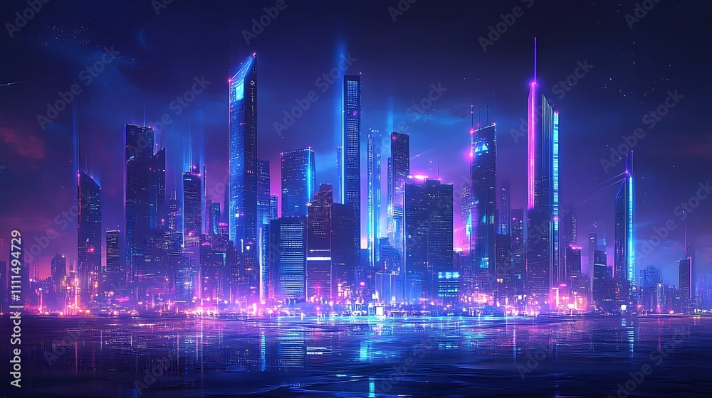 Obraz premium A modern skyline of a smart city with illuminated buildings and digital lines extending beyond, vibrant blue and purple lighting, intricate skyscrapers, ultra-realistic textures,