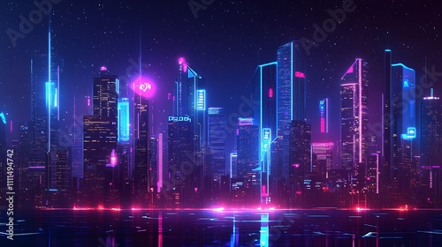 A modern skyline of a smart city with illuminated buildings and digital lines extending beyond  vibrant blue and purple lighting  intricate skyscrapers  ultra-realistic textures 