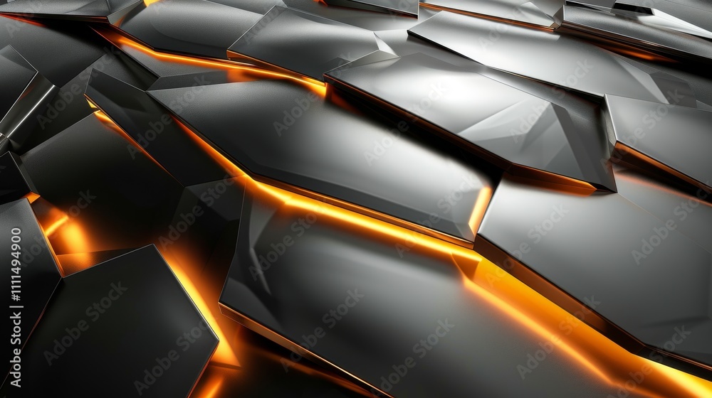 Naklejka premium Black metallic surface made of geometric shapes with glowing orange lights emanating from the gaps, creating a futuristic and technological atmosphere