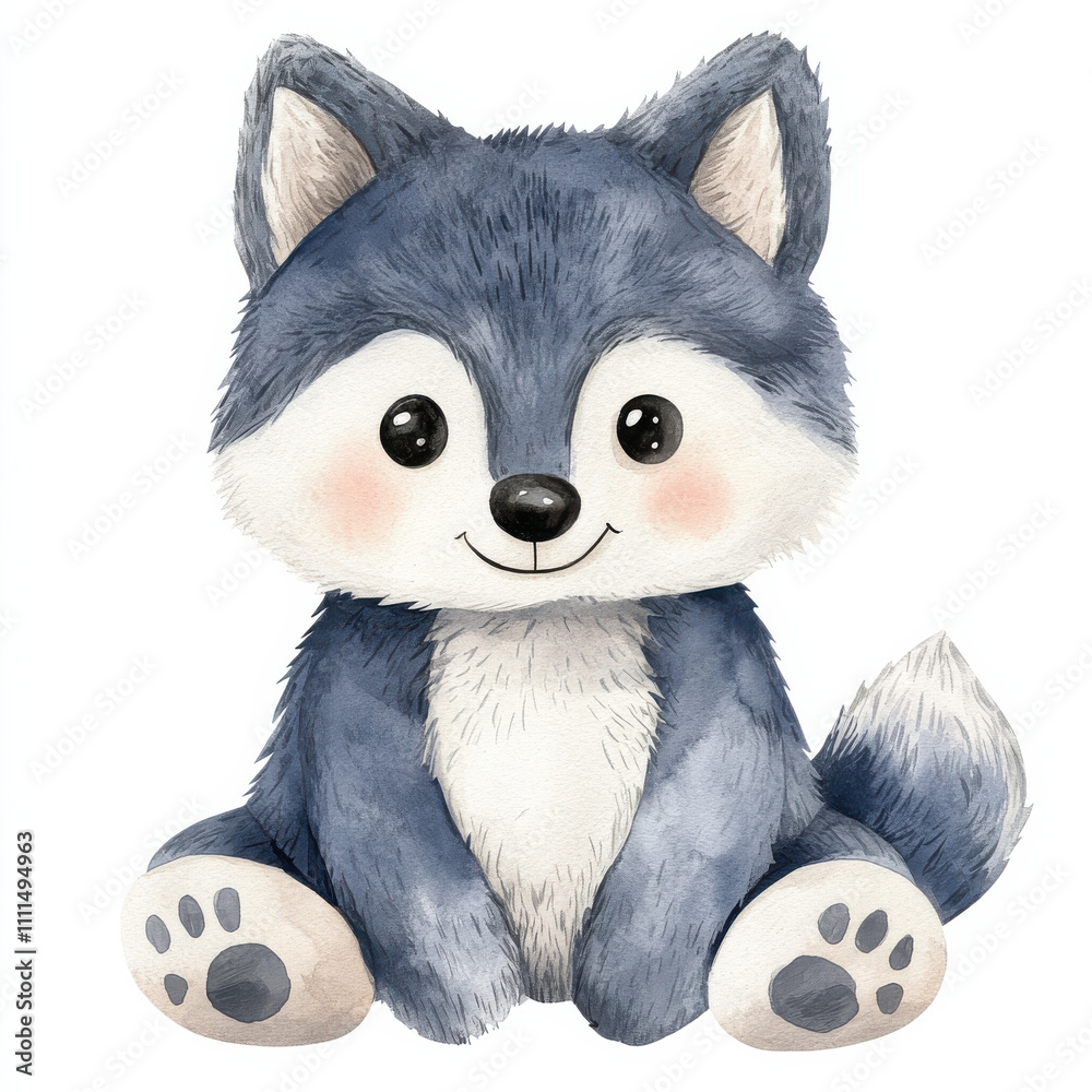Cute watercolor illustration of kid wolf doll, smiling happily