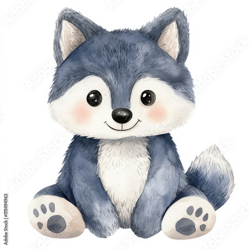 Obraz na płótnie Cute watercolor illustration of kid wolf doll, smiling happily w salonie