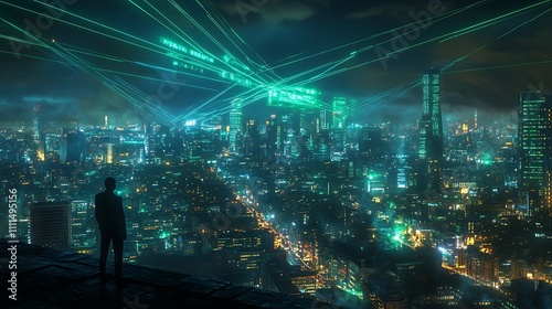 A smart city skyline illuminated by beams of light connecting buildings, vibrant data streams linking globally, intense neon blue and green lighting, deep shadows, photorealistic render,