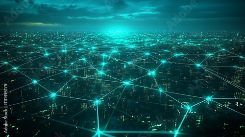 A smart city skyline illuminated by beams of light connecting buildings, vibrant data streams linking globally, intense neon blue and green lighting, deep shadows, photorealistic render,