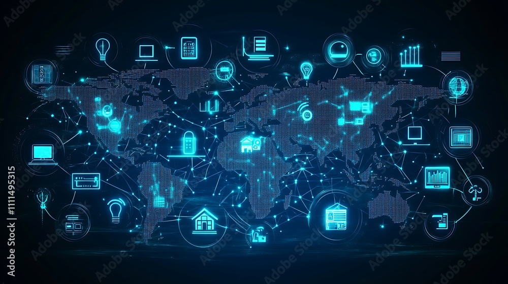 A tech-themed digital map of the world with interconnected IoT devices, flowing lines of data representing the global network, illuminated icons of smart home devices, A tech-themed digital map of the world with interconnected IoT devices, flowing lines of data representing the global network, illuminated icons of smart home devices,