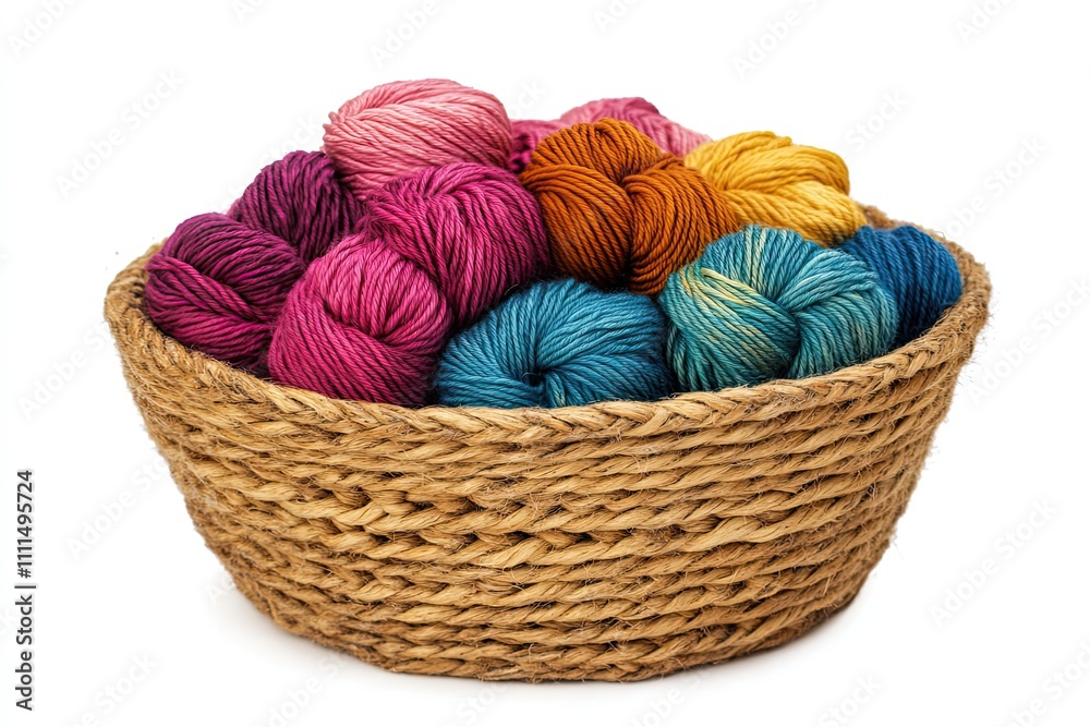 Jute basket containing colorful knitting yarn on a white background Jute basket containing colorful knitting yarn on a white background