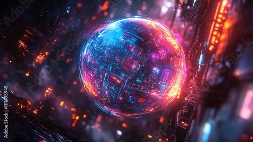 An abstract depiction of a hyperconnected globe, a blue digital sphere wrapped in vibrant crisscrossing lines, glowing paths forming a complex network, dark tech-themed background, intricate details, photo