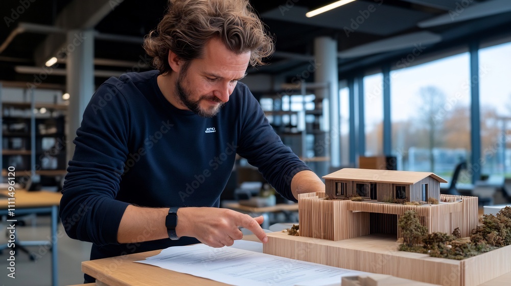 Architect Reviewing Architectural Model of a Modern House Architect Reviewing Architectural Model of a Modern House