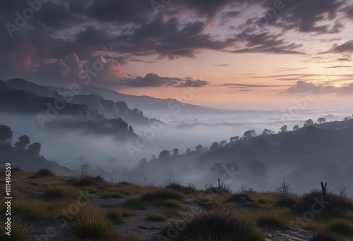 A misty veil hangs low over the landscape as a cloudy sky succumbs to twilight, landscape, cloudy sky, sunset