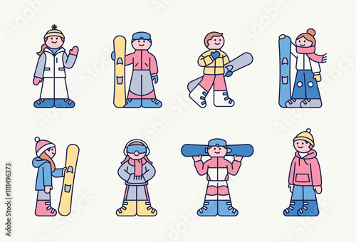 Cute characters stand wearing ski suits and holding snowboards. Cuttiny character with outline.