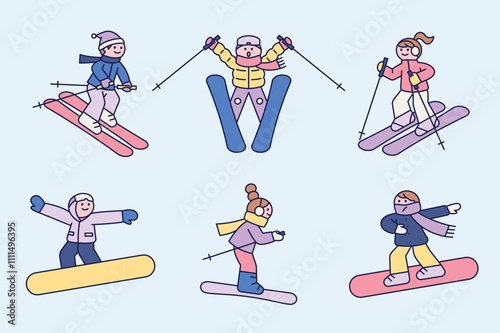Skiers with advanced skills are skiing and snowboarding with style. Cuttiny character with outline.