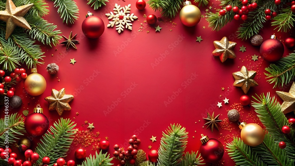 red Christmas background with Christmas decorations on the edge red Christmas background with Christmas decorations on the edge