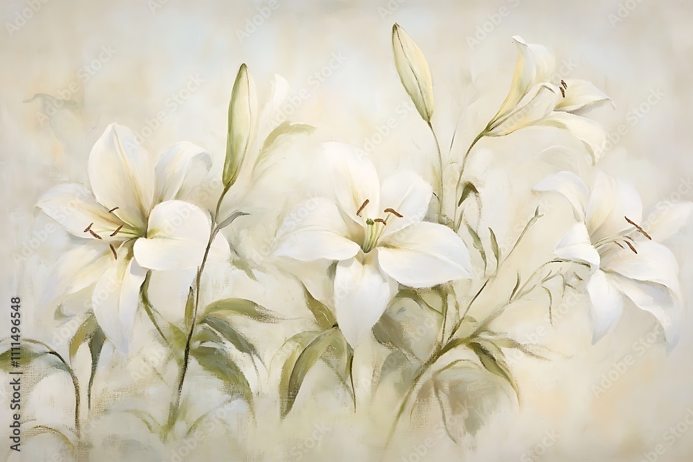 A serene painting of white lilies against a soft background, evoking tranquility and beauty. A serene painting of white lilies against a soft background, evoking tranquility and beauty.