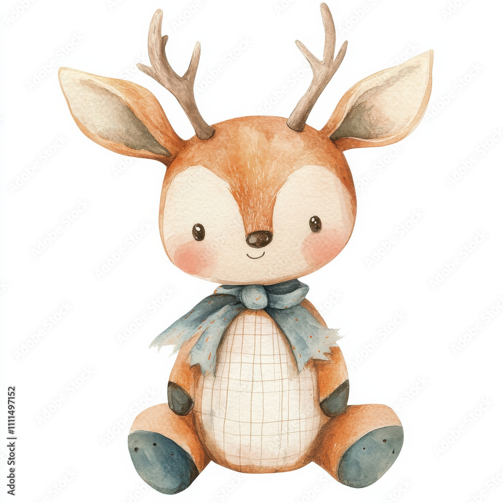 Cute watercolor illustration of kid antelope doll with antlers