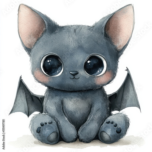 Watercolor illustration of cute bat doll with big eyes and wings
