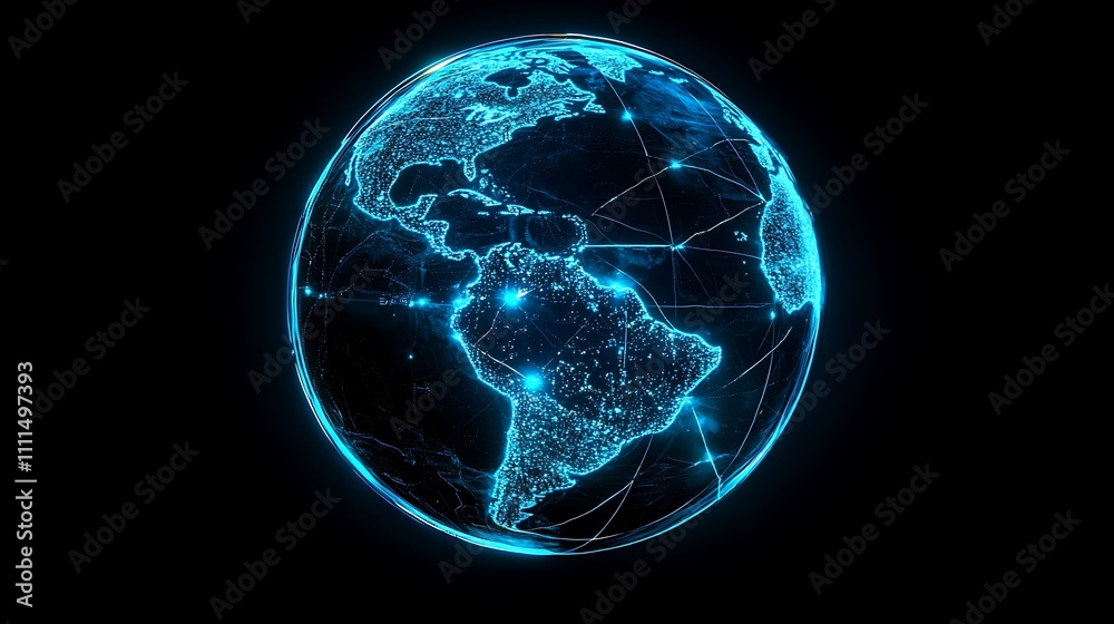 An abstract visualization of a 3D globe with vibrant laser beams linking continents, glowing light trails forming a network across the globe, intense neon blue lighting, photorealistic quality, An abstract visualization of a 3D globe with vibrant laser beams linking continents, glowing light trails forming a network across the globe, intense neon blue lighting, photorealistic quality,