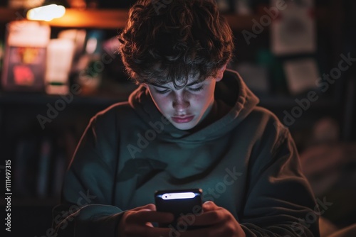 Photo of A boy is sitting and playing with his phone , A social media ban for children , Generative AI