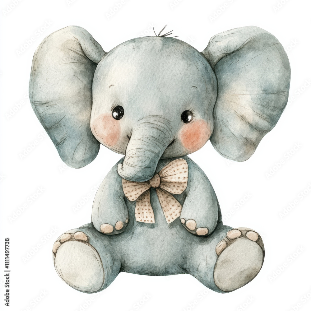 Cute watercolor illustration of kid elephant doll with bow