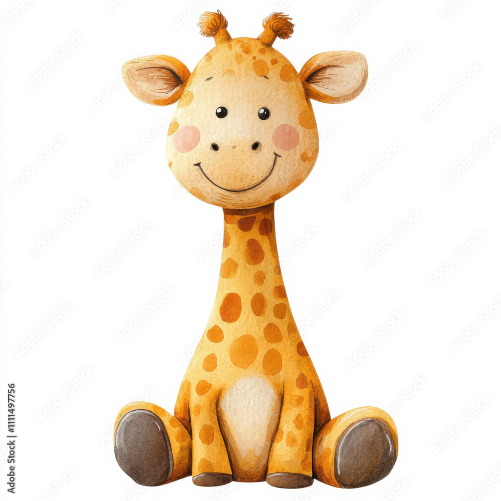 cheerful watercolor illustration of kid giraffe doll, isolated