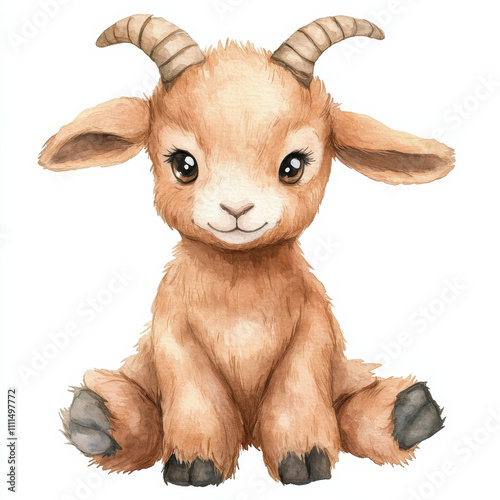Cute watercolor illustration of kid goat doll, perfect for children