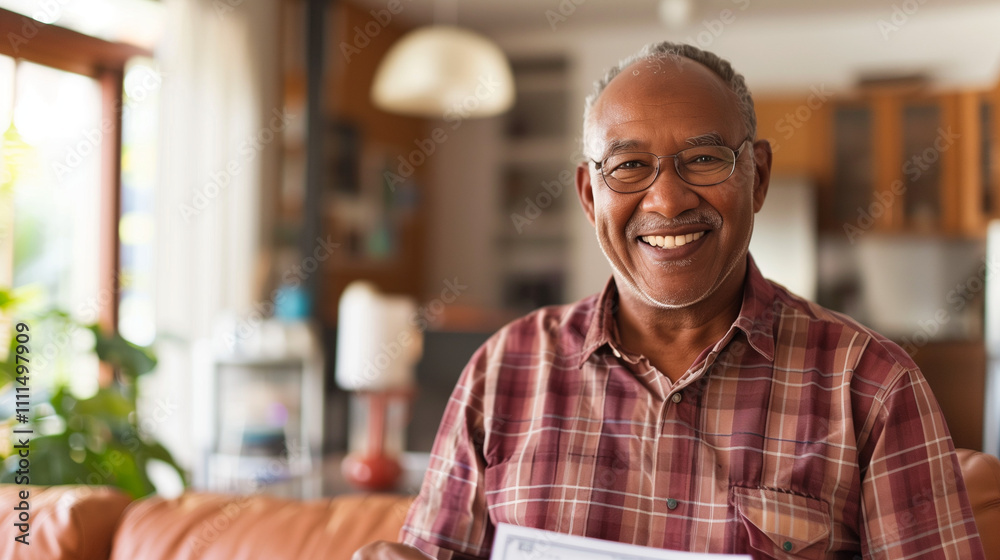 Senior man smiling joyfully as he receives a retirement payment check in a cozy living room, celebrating financial security and peaceful home life. Senior man smiling joyfully as he receives a retirement payment check in a cozy living room, celebrating financial security and peaceful home life.