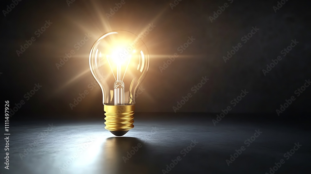 Golden 3D-rendered light bulb icon glowing under a bright spotlight on a dark background Golden 3D-rendered light bulb icon glowing under a bright spotlight on a dark background