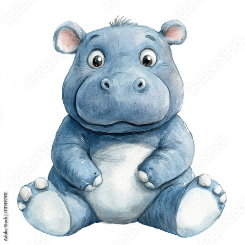 Watercolor illustration of cute blue hippo doll, joyful and playful photo