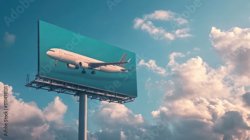 Bright Blue Sky and Billboards with Airplane Imagery Showcasing Air Travel Advertisement in Modern Urban Landscape During Daytime under Cloudy Conditions photo