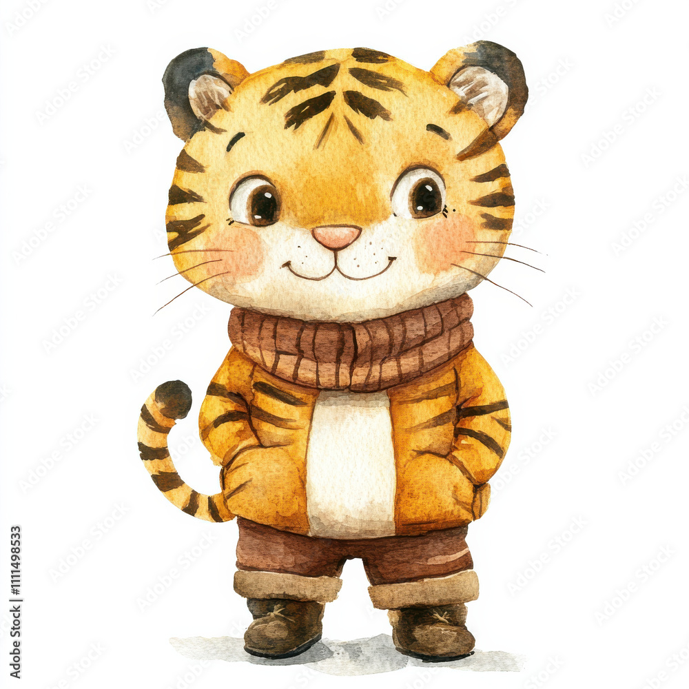 Cute watercolor illustration of kid tiger doll in cozy outfit