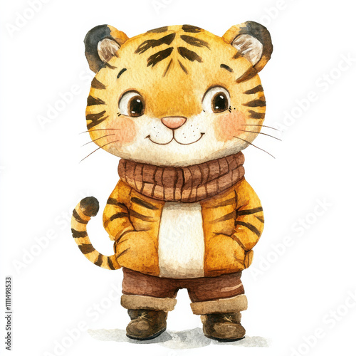 Obraz na płótnie Cute watercolor illustration of kid tiger doll in cozy outfit w salonie