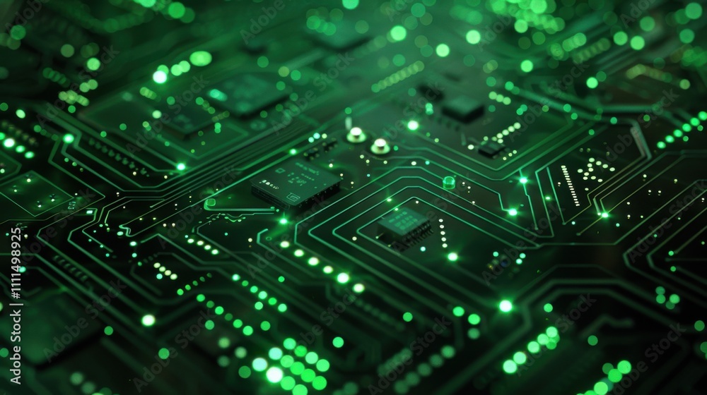 An abstract technological background with luminous guiding lines and dots, resembling a physical motherboard in green, creating a futuristic and dynamic design.
An abstract technological background with luminous guiding lines and dots, resembling a physical motherboard in green, creating a futuristic and dynamic design.