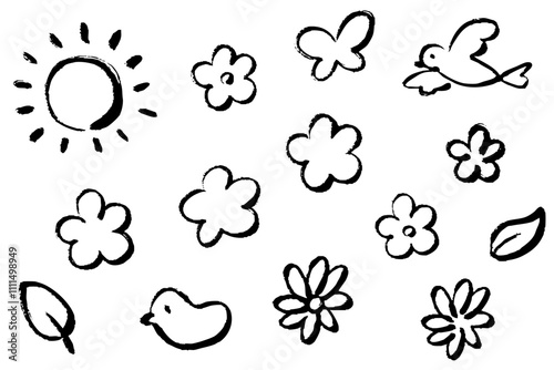 筆タッチのかわいいアイテムのモノクロ線画イラストセット