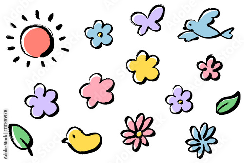筆タッチのかわいいアイテムのイラストセット