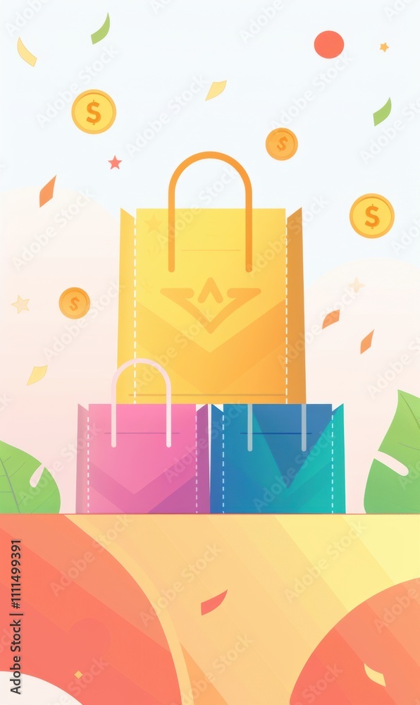 Fototapeta premium Price reduction, banner for website, copy space for text, an illustration featuring three shopping bags. The largest bag is yellow and positioned at the top, with a handle and a simple design.