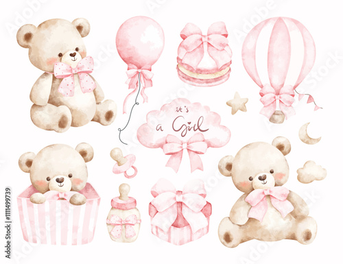 Watercolor Illustration Set of Teddy Bear Nursery Theme and Baby Shower Elements