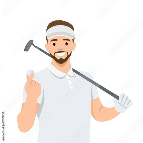 Man with golf club on shoulder smiles standing in golfers park. Flat vector illustration isolated on white background