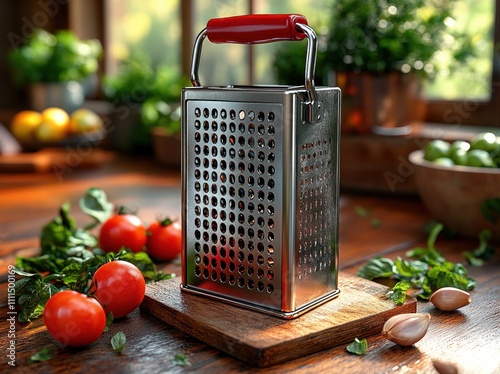 Stainless Steel Cheese Grater with Red Handle Against Soft Focus Kitchen Background photo